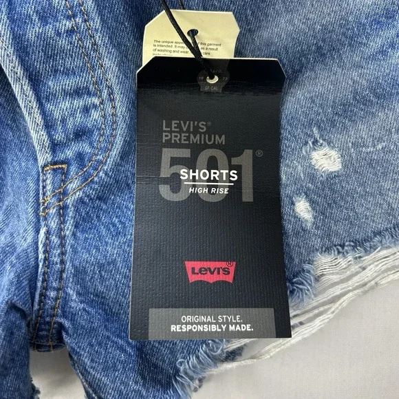Levis Premium 501 Jean Shorts Women 27 Blue BIG E High Rise Distressed Cut Off - Picture 3 of 16